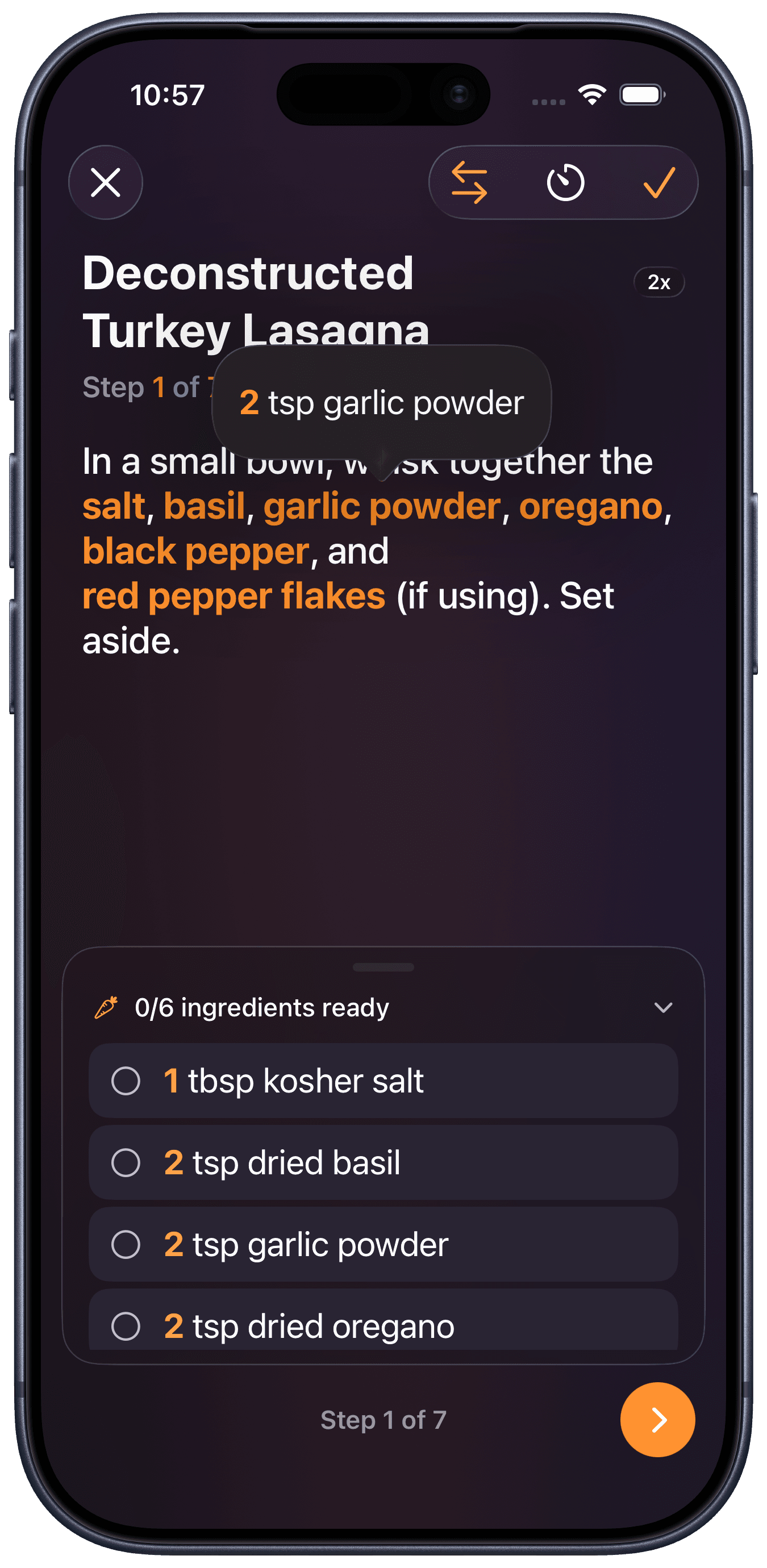 Each step shows its ingredients, already scaled