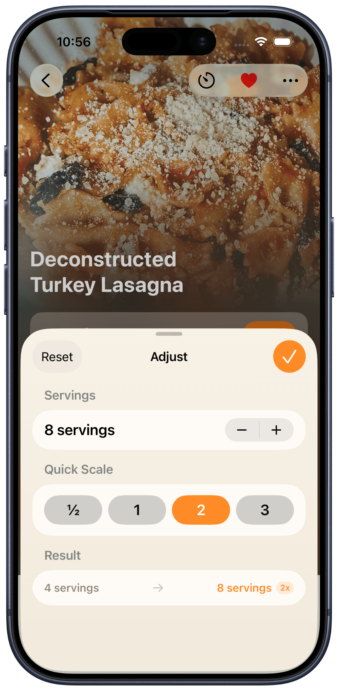 A recipe in Kaycee scaled to a new serving count, every amount recalculated