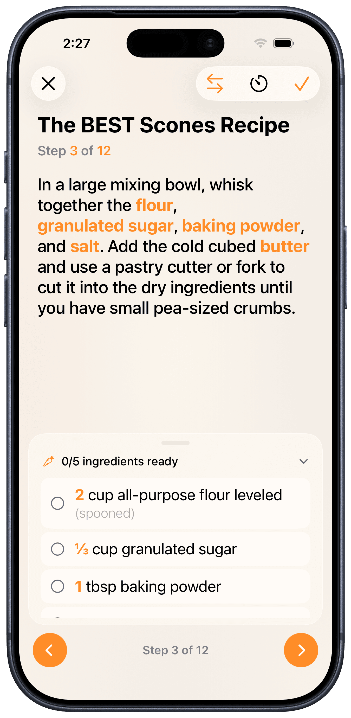 Cook Mode in Kaycee with amounts and timers built into the step